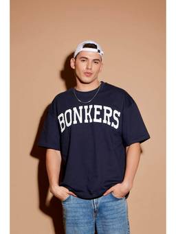 Bonkers Corner - Men Navy Blue Cotton Typography Oversized Fit T-Shirt