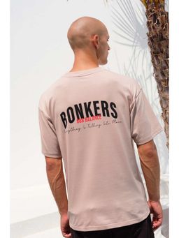 Bonkers Corner - Men Beige Cotton Typography Oversized Fit T-Shirt