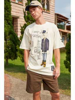 Bonkers Corner - Men Beige Cotton Graphic Oversized Fit T-Shirt
