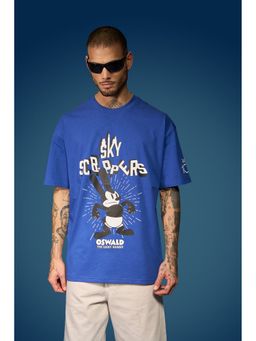 Bonkers Corner - Men Blue Cotton Graphic Oversized Fit T-Shirt