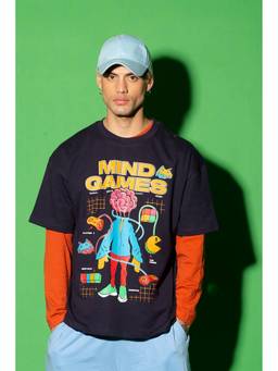 Bonkers Corner - Men Blue Cotton Typography Oversized Fit T-Shirt