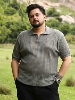 Instafab Plus - Men Grey Cotton Blend Textured Regular Fit Polo T-shirt