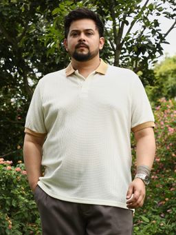 Instafab Plus - Men Off White Cotton Blend Textured Regular Fit Polo T-shirt