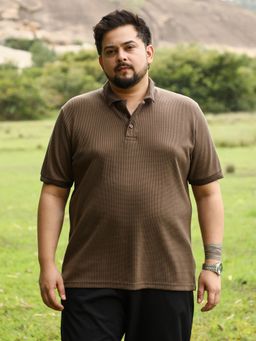 Instafab Plus - Men Brown Cotton Blend Textured Regular Fit Polo T-shirt