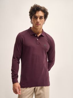 The Bear House - Men Solid Full Sleeve Maroon Polo T-Shirt