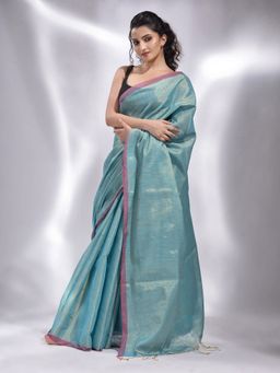CHARUKRITI - Sky Blue Tissue Handwoven Soft Saree with Unstitched Blouse