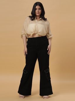 Turning Blue - Turning Black Womens Plus Size Cargo Black Flared Leg Jeans