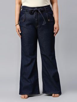 Turning Blue - Womens Plus Size High Waist Flared Dark Blue Tie Knot Jeans