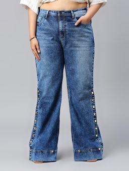 Turning Blue - Women's Plus Size Side Slit with Button Closure Mid Blue Jeans