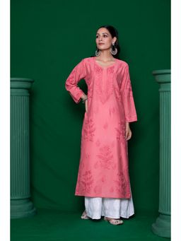 House of Chikankari - Pink Chanderi Chikankari Women's Long Kurta