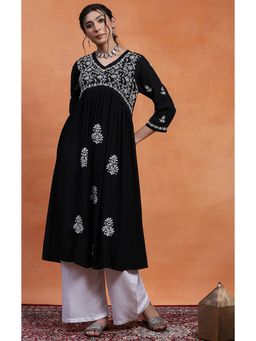 House of Chikankari - Black Rayon Chikankari Women's Long Kurta