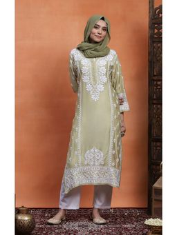 House of Chikankari - Green Rayon Chikankari Women's Long Kurta