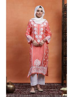 House of Chikankari - Peach Chanderi Chikankari Women's Long Kurta