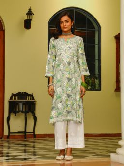 House of Chikankari - Grey Mulmul Chikankari Printed Women's Long Kurta