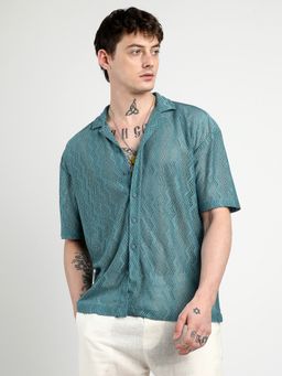Campus Sutra - Men Teal Blue Oversized Zig-Zag Shirt