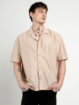Campus Sutra - Men Beige Oversized Honeycomb Shirt