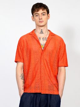 Campus Sutra - Men Tangerine Orange Oversized Geometric Shirt