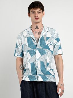 Campus Sutra - Men Steel Blue Oversized Geometric Lined Shirt