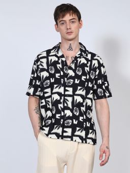 Campus Sutra - Men Onyx Black Oversized Printed Foliage Shirt