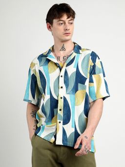 Campus Sutra - Men Indigo Blue Oversized Abstract Curves Shirt