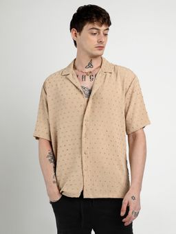 Campus Sutra - Men Beige Oversized Pom-Pom Shirt