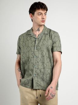 Campus Sutra - Men Olive Green Embroidered Geometric-Lined Shirt