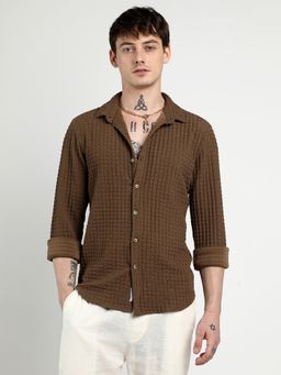 Campus Sutra - Men Chocolate Brown Cube-Textured Shirt
