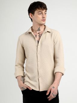Campus Sutra - Men Beige Ripple Textured Box Shirt