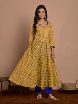 Rangpur - Yellow Printed Anarkali With Pant (Set of 2)