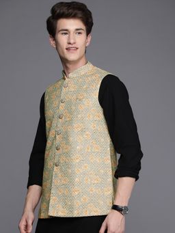 Manyavar - Pista Green & Orange Sleeveless Mandarin Collar Nehru Jacket