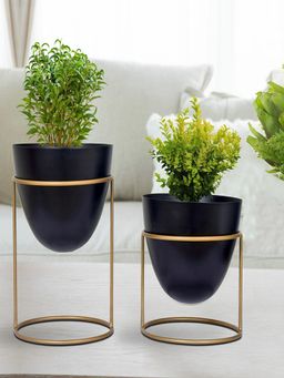 Ecofynd - Alle Black Metal Plant Pot With Stand (Set Of 2)