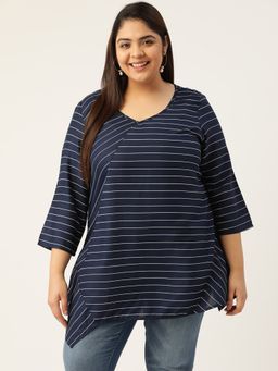 theRebelinme - Womens Navy Blue & White Striped V-neck Top