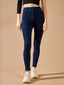 DOLCE CRUDO - Women Navy Blue Skinny High Rise Clean Cropped Stretchable Denim Jeans