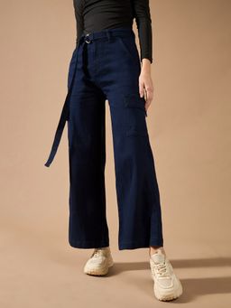 DOLCE CRUDO - Women Navy Blue High Rise Regular Stretchable Denim Jeans with Belt