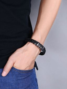 Yellow Chimes - Black Stainless Steel Leather Bracelets