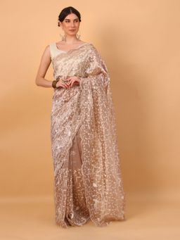Simaaya - Beige Floral Embroidery Saree with Stitched Blouse