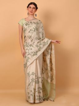 Simaaya - Off White Patchwork Printed Saree with Unstitched Blouse