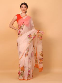 Simaaya - Peach Hand Painted Floral Saree with Unstitched Blouse
