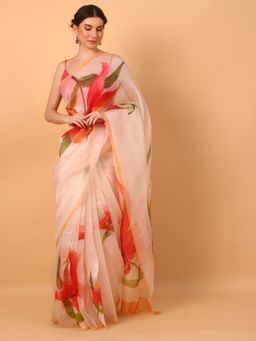 Simaaya - Pink Hand Painted Floral Saree with Unstitched Blouse