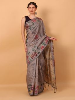 Simaaya - Grey Floral Print with Hand Embroidery Saree with Unstitched Blouse