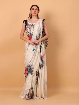 Simaaya - Off White Digital Print Pre Draped Saree with Unstitched Blouse