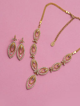 Estele - Gold Plated CZ Leafy Designer Necklace Set with Crystals for Women