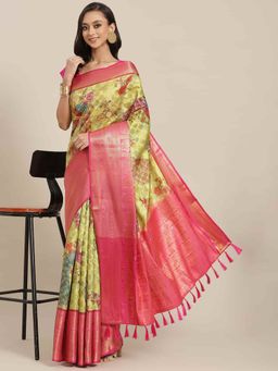 Silk Land - Banarasi Art Silk Digital Printed Saree with Unstitched Blouse Piece Green with Unstitched