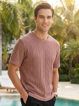 Nobero - Pink Men Textured Tshirt