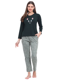 VIEVIANA - Women Animal Print Green T-Shirt & Pyjama (Set of 2)