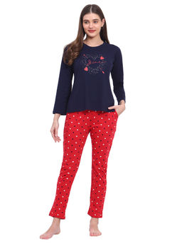VIEVIANA - Women Polka Print Dark Blue T-Shirt & Pyjama (Set of 2)