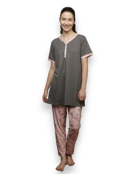 VIEVIANA - Women Printed Grey Night Suit (Set of 2)