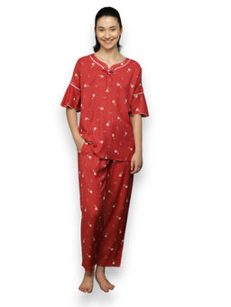 VIEVIANA - Women Printed Red Night Suit (Set of 2)