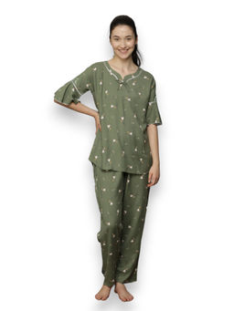 VIEVIANA - Women Printed Green Night Suit (Set of 2)
