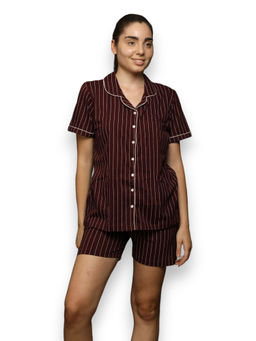 VIEVIANA - Women Striped Maroon Night Suit (Set of 2)